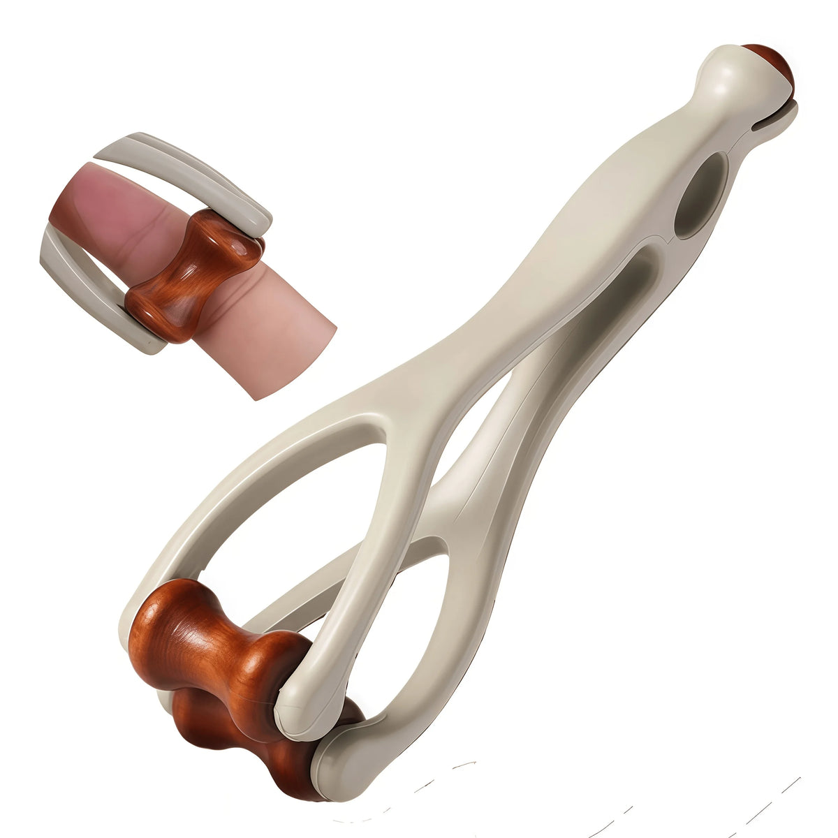 A light beige dual-row finger massage roller with wooden accents shown from the side.