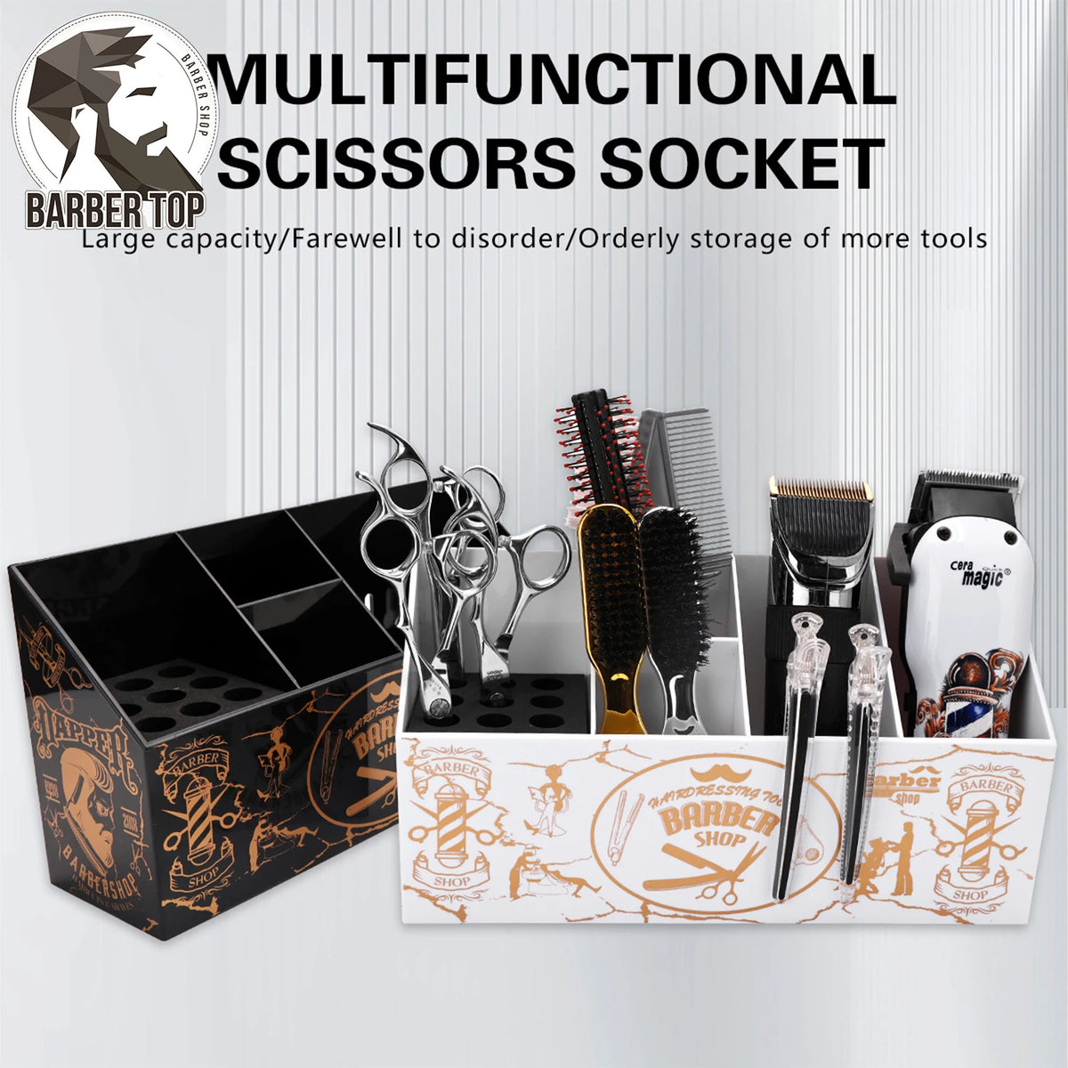 A black multifunctional scissors socket storage case with compartments for tools, combs, and clips.