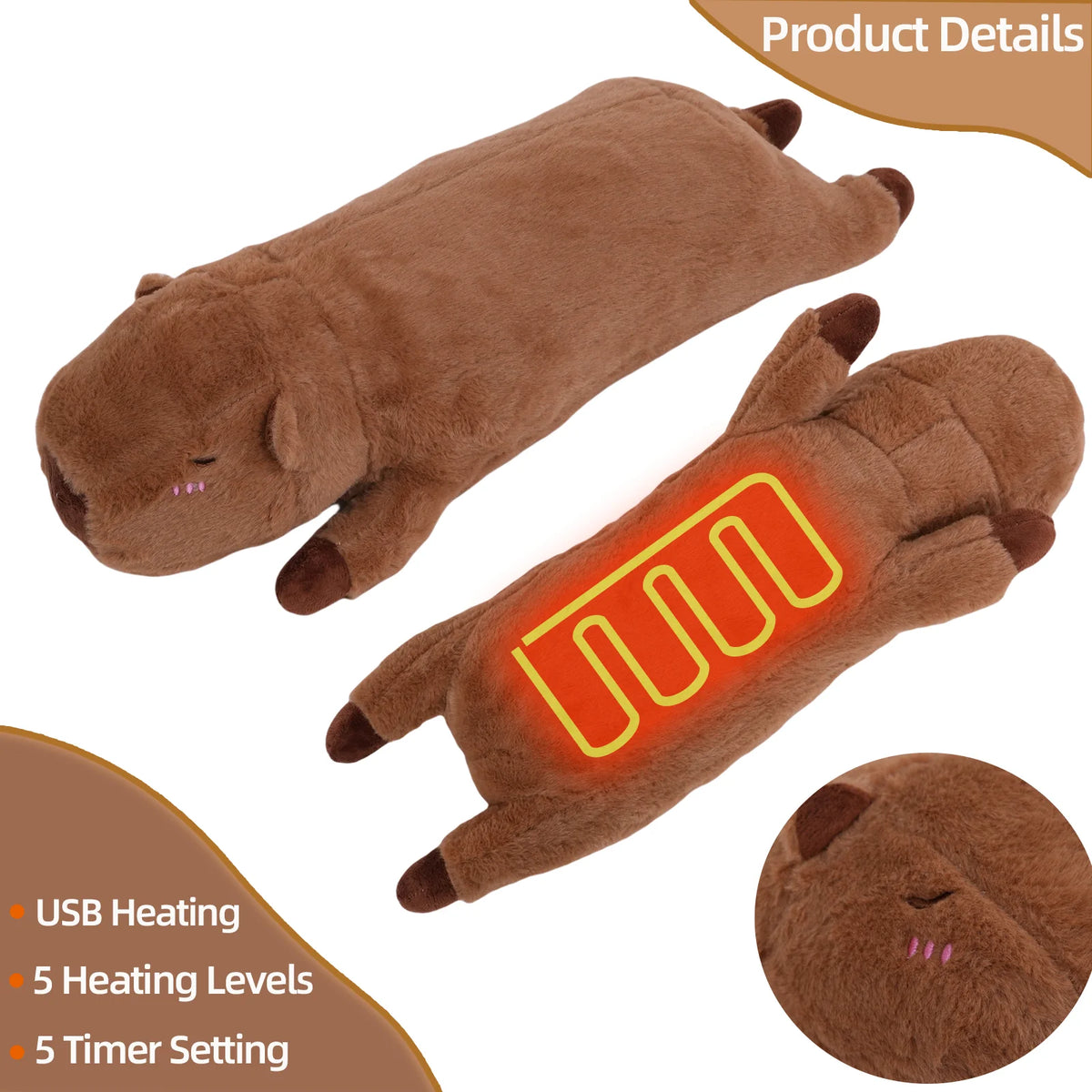 A brown electric heating pad shaped like a small animal with an orange heating element and controls.