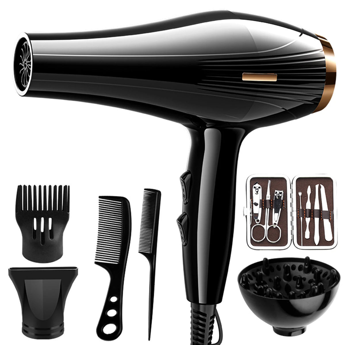 Schwarzes 6-in-1 Profi-Haartrockner-Set mit Föhn, Bürste, Kamm und Schere.