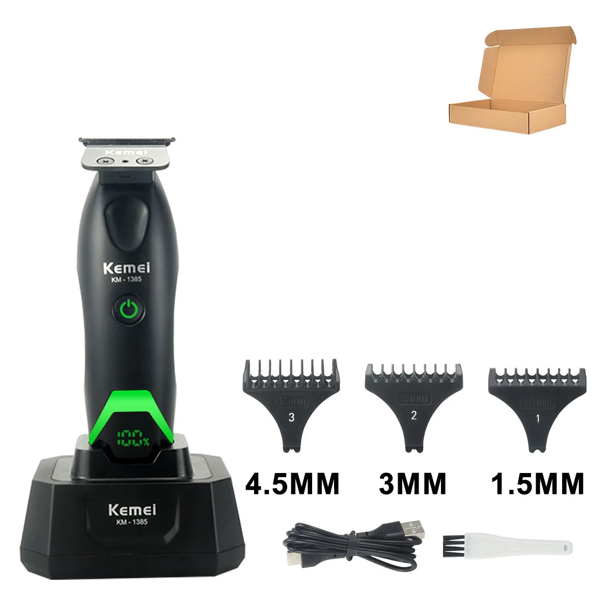 A Kemel KM-1305 electric hair trimmer with various attachments and a power cord.
