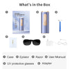 Box contents showing an IPL hair removal device including a case epilator razor user manual UV protective glasses and adapter