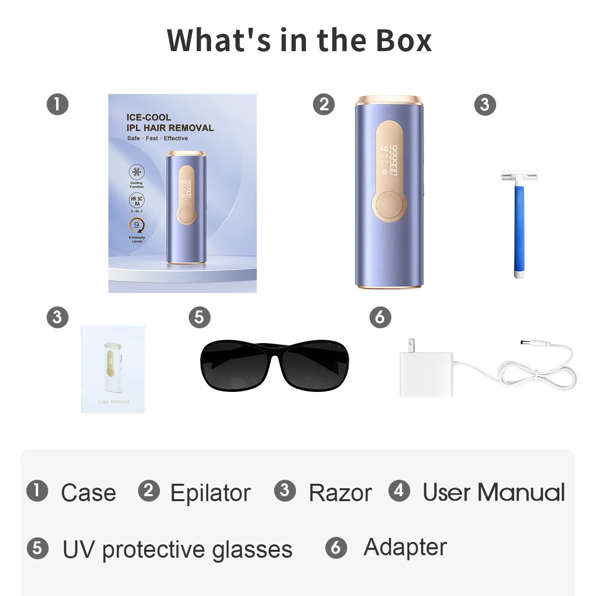 Box contents showing an IPL hair removal device including a case epilator razor user manual UV protective glasses and adapter