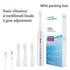 White packaging box for a sonic vibration toothbrush with 4 brush heads and 5 gear adjustments