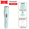 A light blue rechargeable 3-in-1 electric shaver with a shaving head, trimming tool, and charging cable.