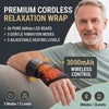 A man is wearing a premium cordless relaxation wrap on his wrist, demonstrating the device's features.