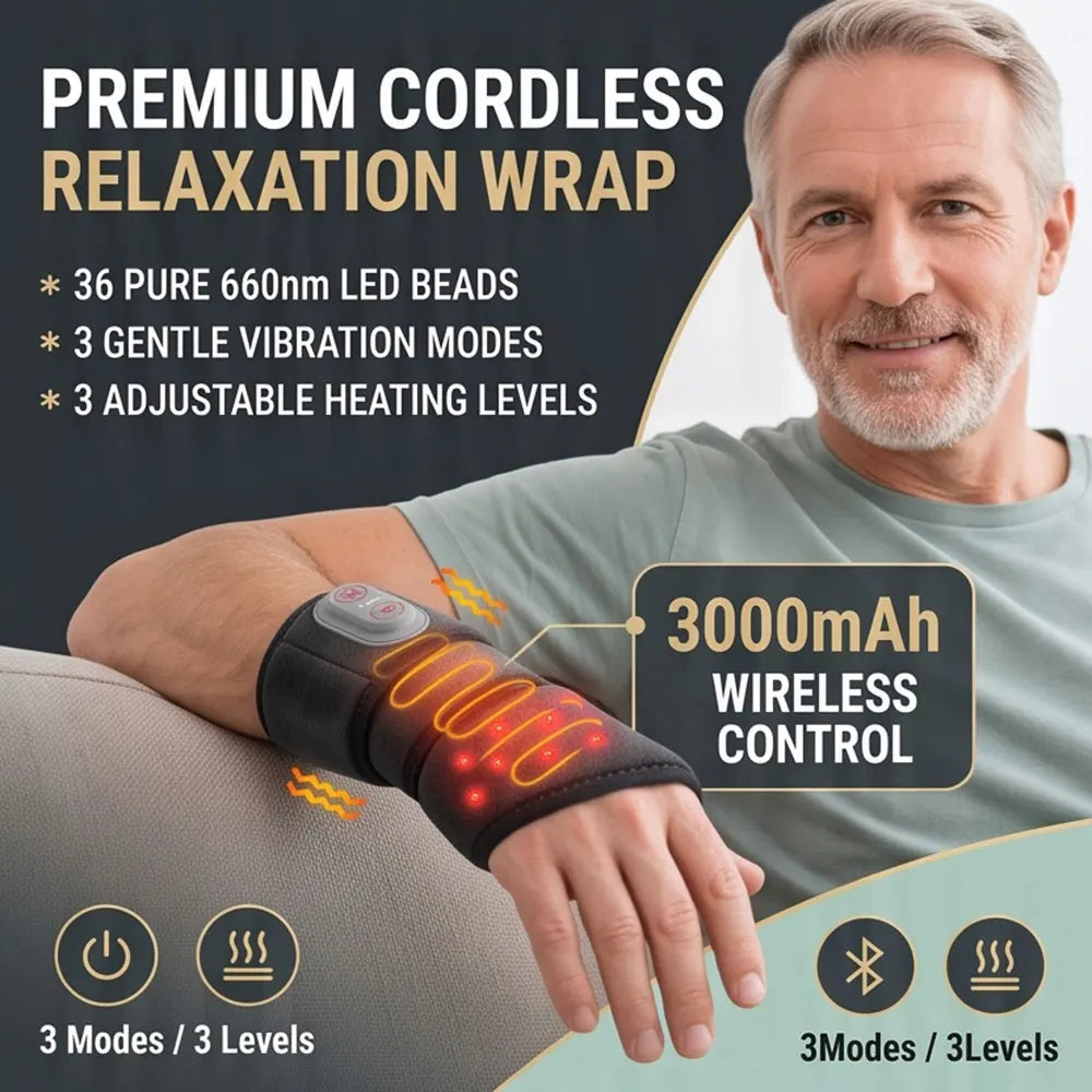 A man is wearing a premium cordless relaxation wrap on his wrist, demonstrating the device's features.