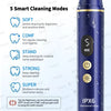 A blue ultrasonic dental scaler with five cleaning modes is shown, featuring soft, comf, stand, strong, and super cleaning op