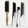 A set of professional pointed tail combs in black and leopard print patterns displayed against a white background.