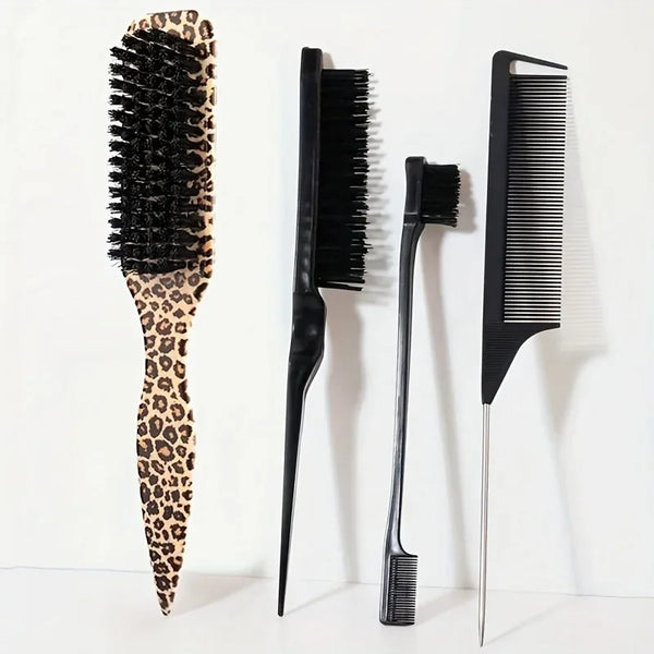 A set of professional pointed tail combs in black and leopard print patterns displayed against a white background.