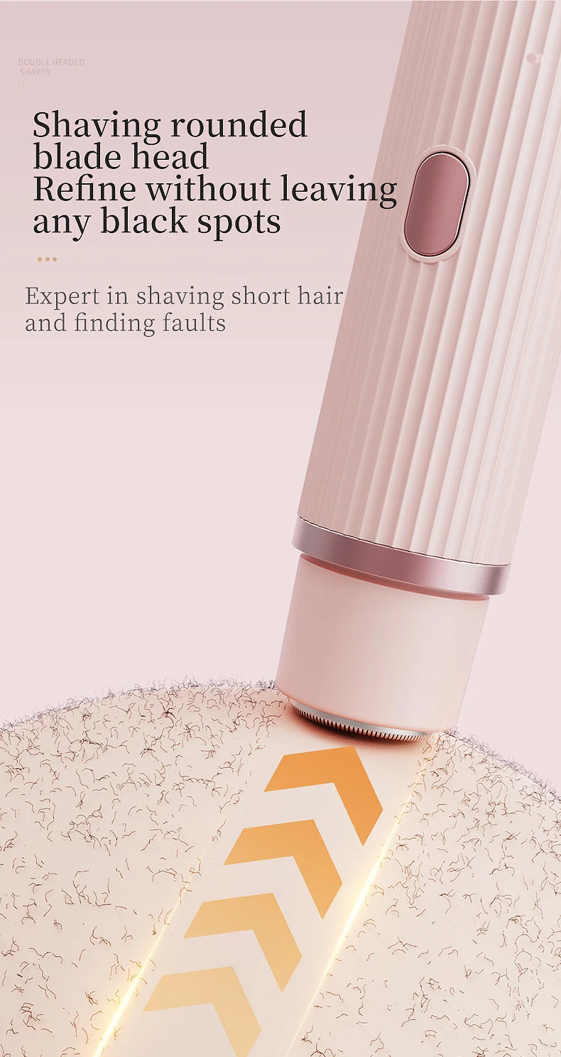 Close-up of a pink electric shaver with a rounded blade head shaving on light-colored skin.