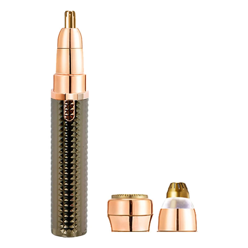 A 3-in-1 electric facial and body hair remover in gold and silver tones, shown with its components.
