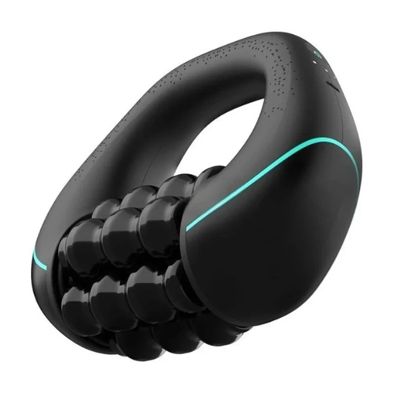 A black electric percussive massager with a textured head and a glowing cyan accent.