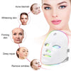 A woman applying a white LED facial therapy mask to her face, demonstrating various benefits like acne blemish reduction and 