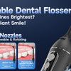 A close-up of a portable dental flosser with four replaceable and rotating nozzles, highlighting its features for brilliant s