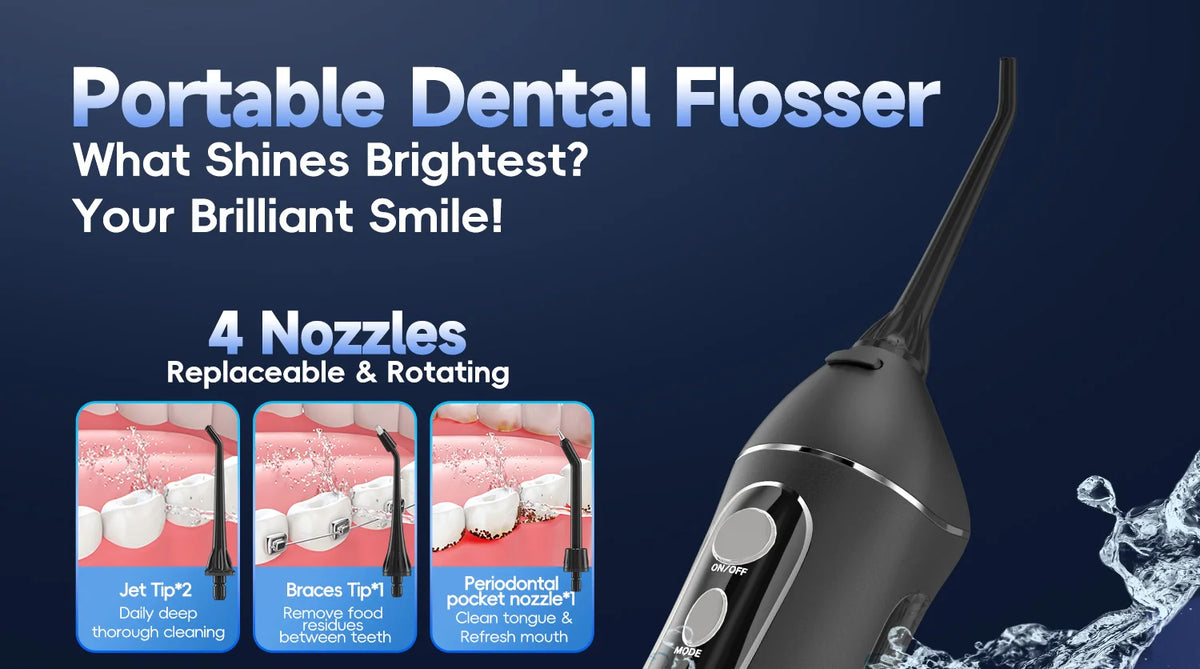 A close-up of a portable dental flosser with four replaceable and rotating nozzles, highlighting its features for brilliant s