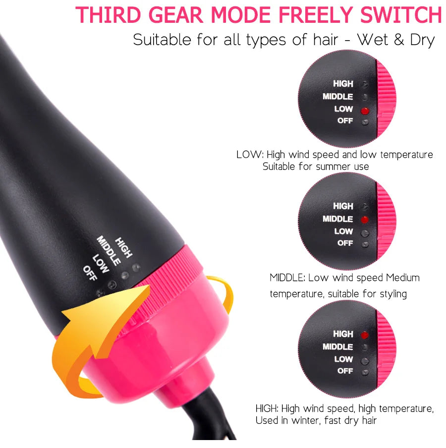 Close-up view of a black hair dryer brush with a third gear mode switch showing high, middle, low, and off settings.