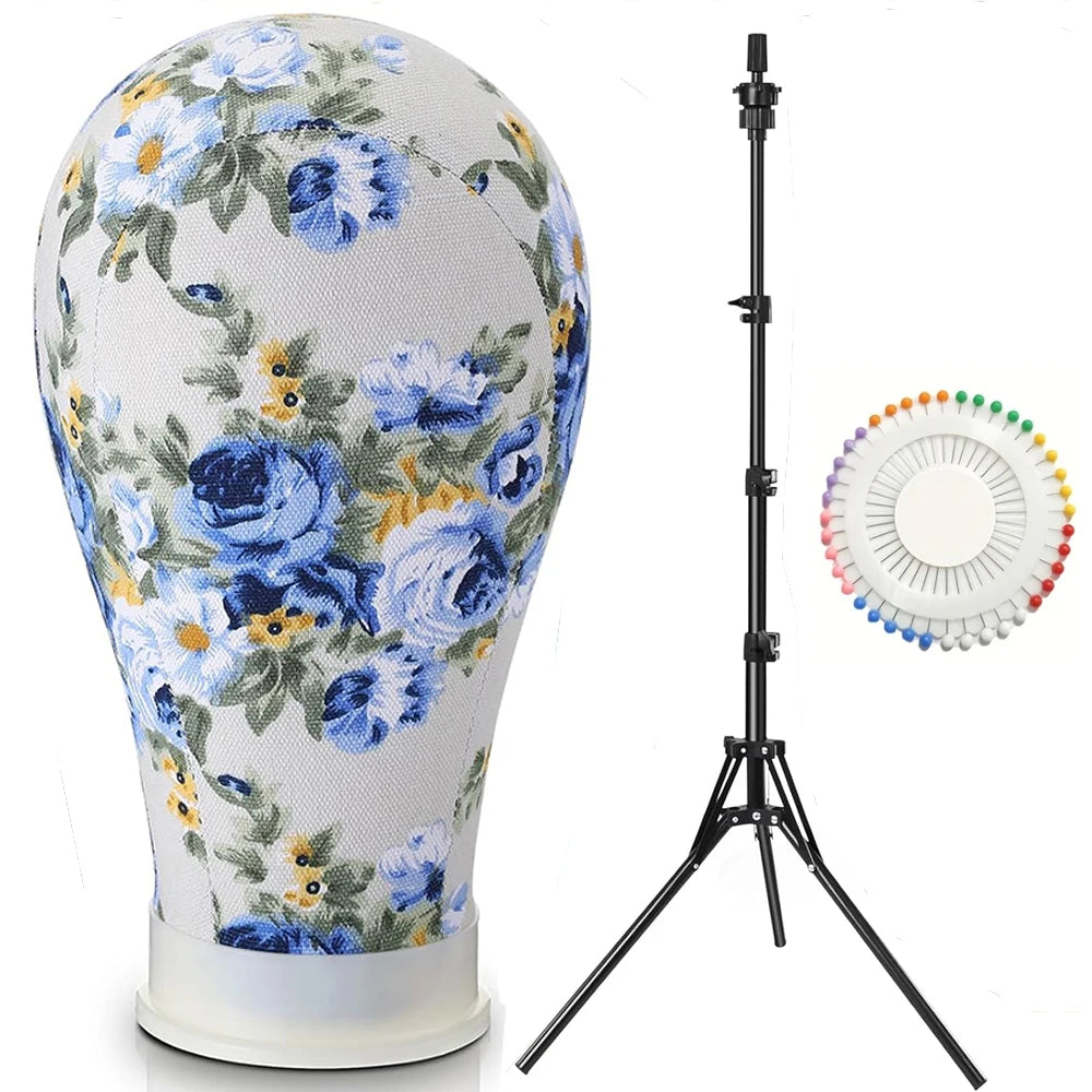 Mannequin de perruque professionnelle à motif floral avec support noir réglable.