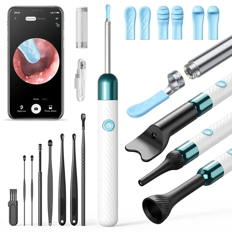 A collection of HD ear wax removal tools including various instruments and silicone tips displayed on a white background.