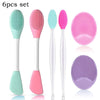 A set of six silicone facial cleansing brushes and mask applicators in various shades of pink and green.