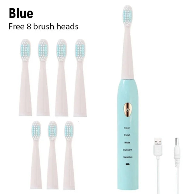 A light blue ultrasonic electric toothbrush with a white handle and 8 brush heads is shown.