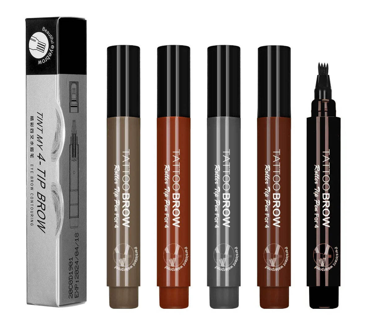A set of four Tint My 4-Tip Brow Tattoo Brow pens in various shades and packaging.