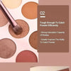 A close-up of a makeup brush set with a pink handle and bristles, shown next to various colored powder compacts.