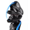A close-up view of a black electric shaver with blue accents, showing the shaving head assembly.