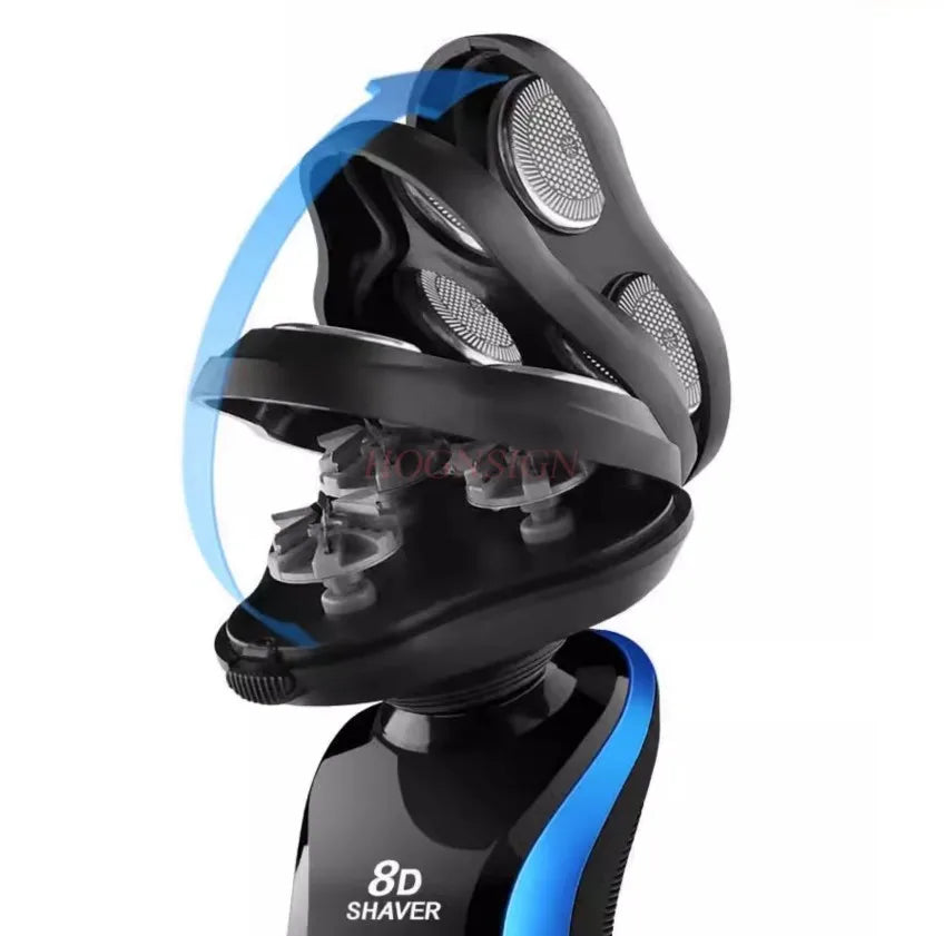 A close-up view of a black electric shaver with blue accents, showing the shaving head assembly.