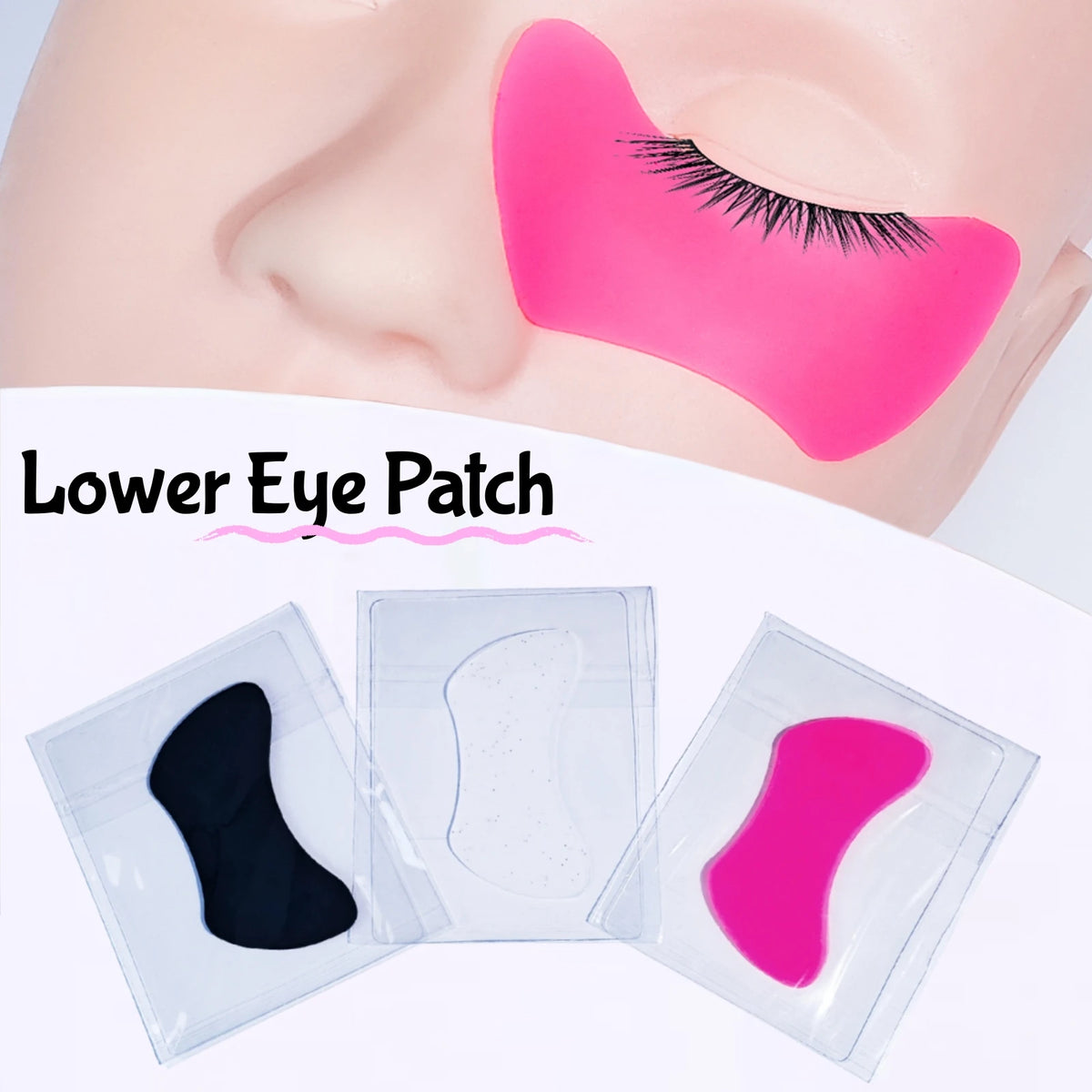 A set of reusable silicone lash lift shield eye pads in black, clear, and pink are displayed on a light skin tone.