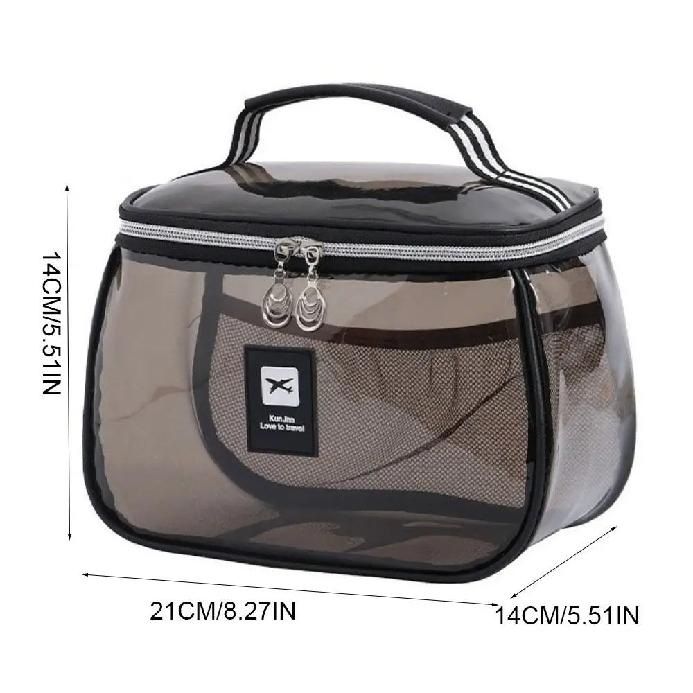 Clear cosmetic bag with a black zipper and handle, designed for travel.