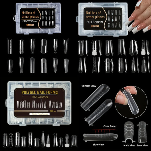 A collection of 288 reusable nail extension forms in various shapes and sizes shown from multiple angles.