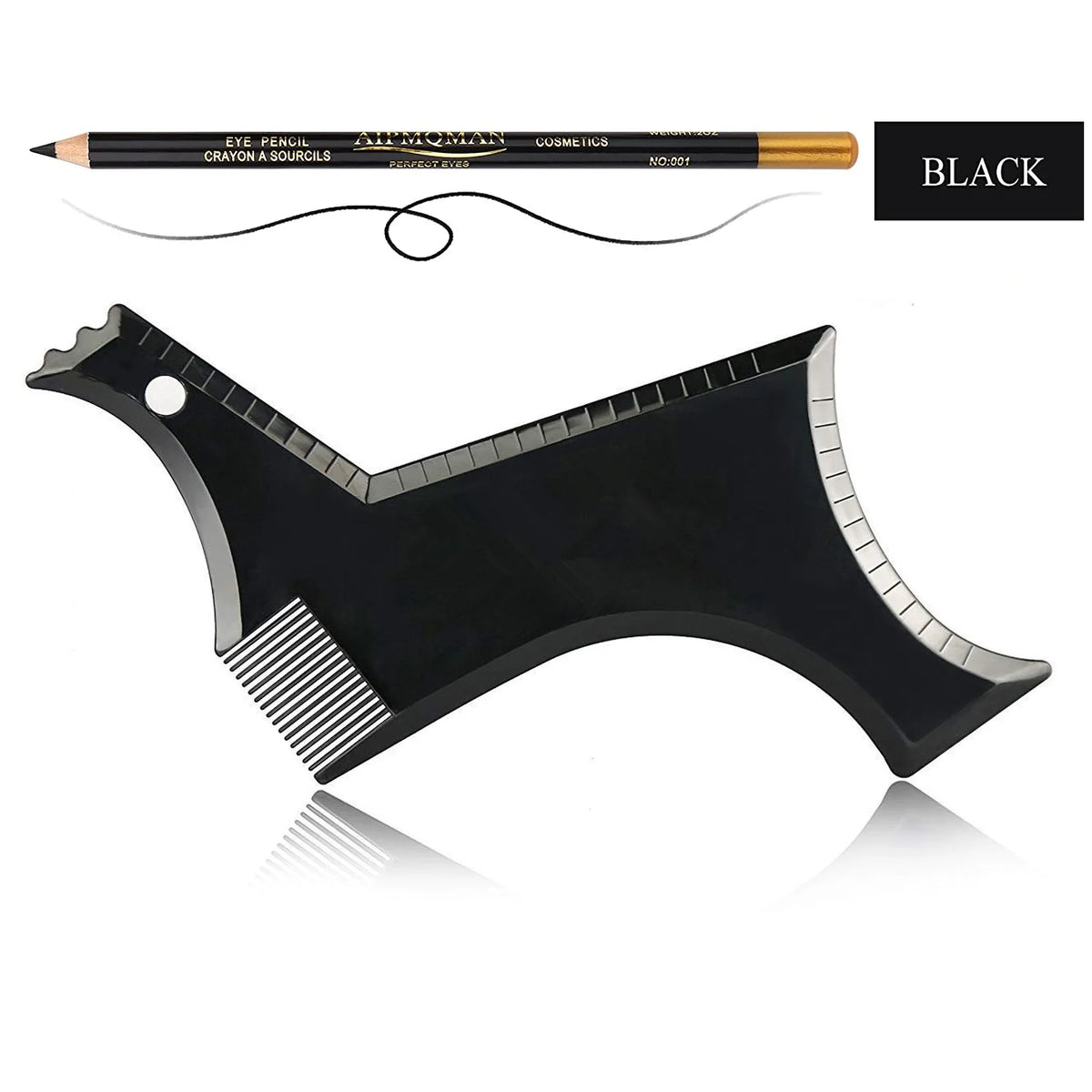 Black all-in-one beard styling template and comb with a black handle and metal teeth.