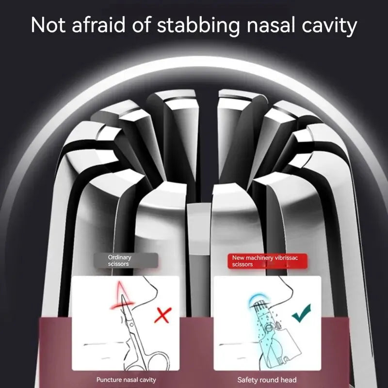 A close-up view of a portable stainless steel nose hair trimmer showing various cutting blades and a safety round head.