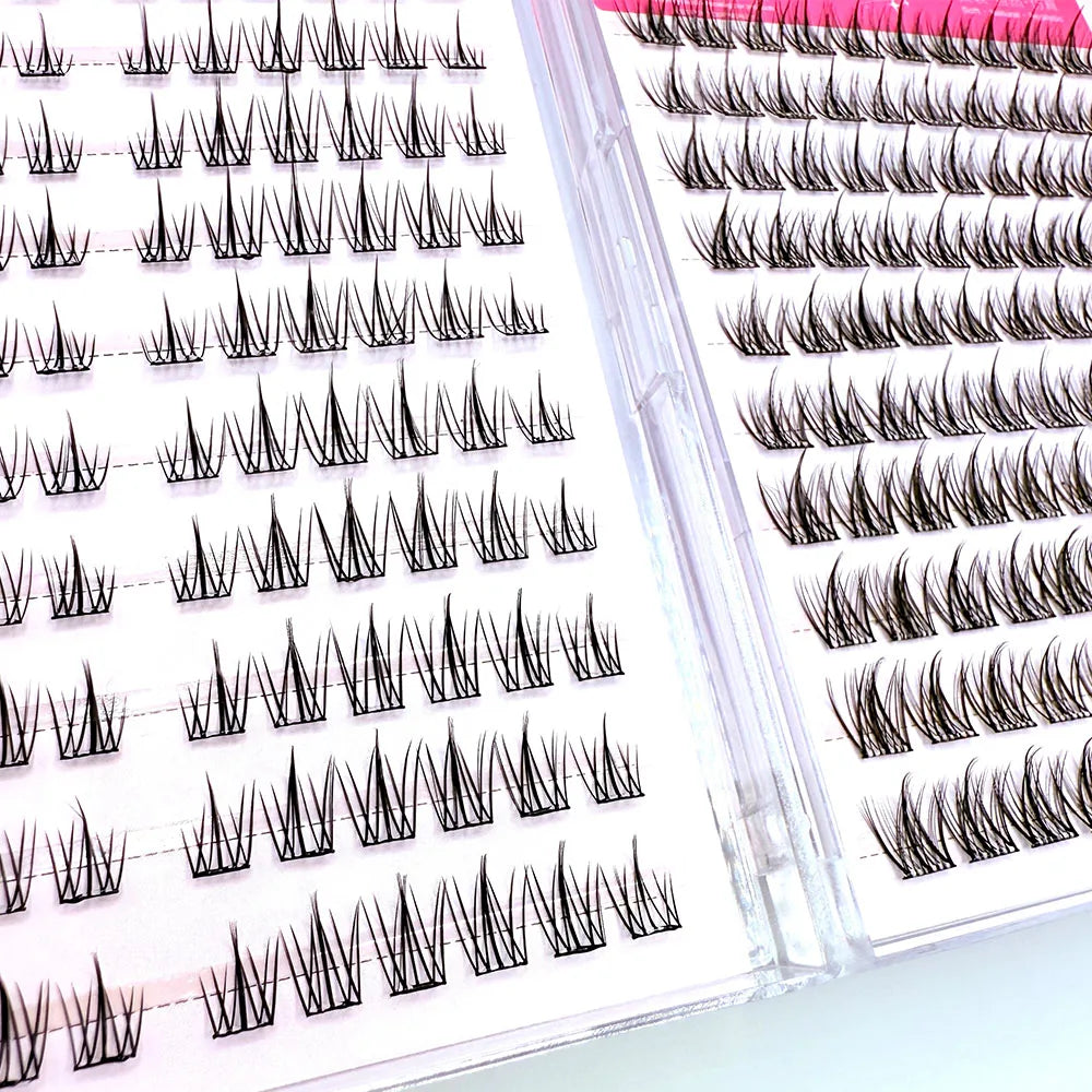 A close-up view of adhesive-free individual lash clusters in various lengths and styles.