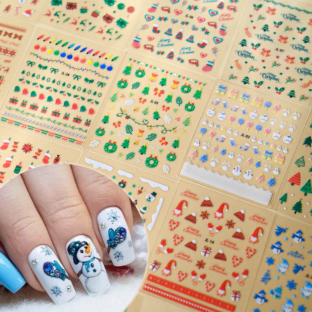 Christmas Santa Claus 3D nail art stickers with glitter designs on a sheet of adhesive paper