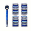 A set of stainless steel manual shavers with blue handles and clear plastic heads.