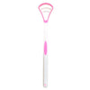A pink silicone tongue scraper for oral hygiene.