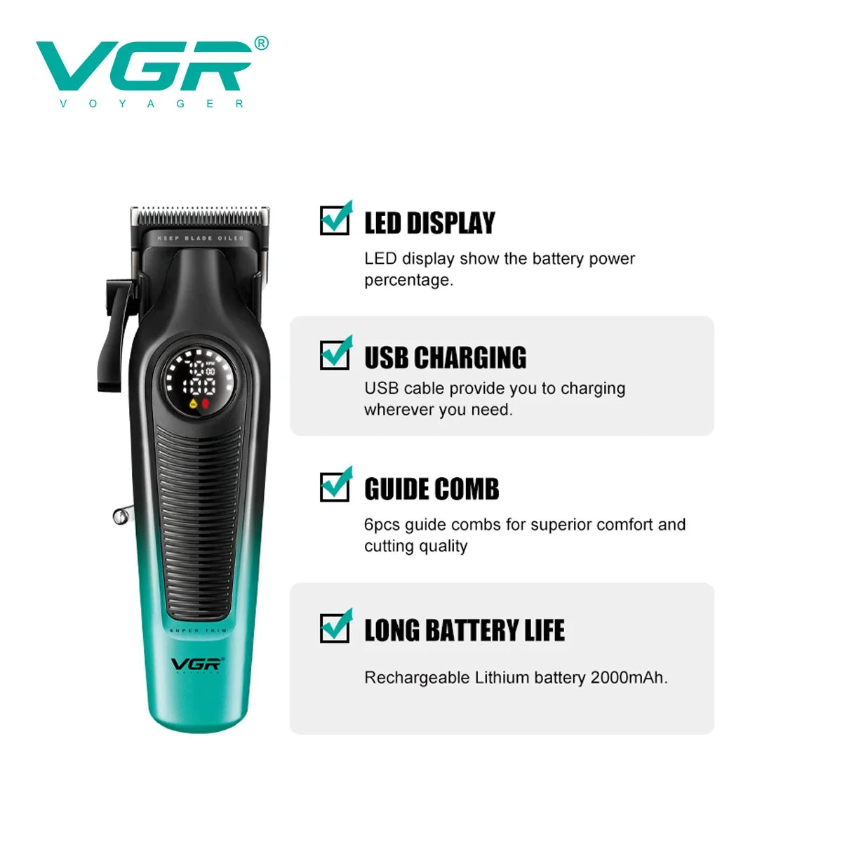 A black and teal cordless hair clipper with a VGR logo, showing features like LED display, USB charging, guide combs, and lon