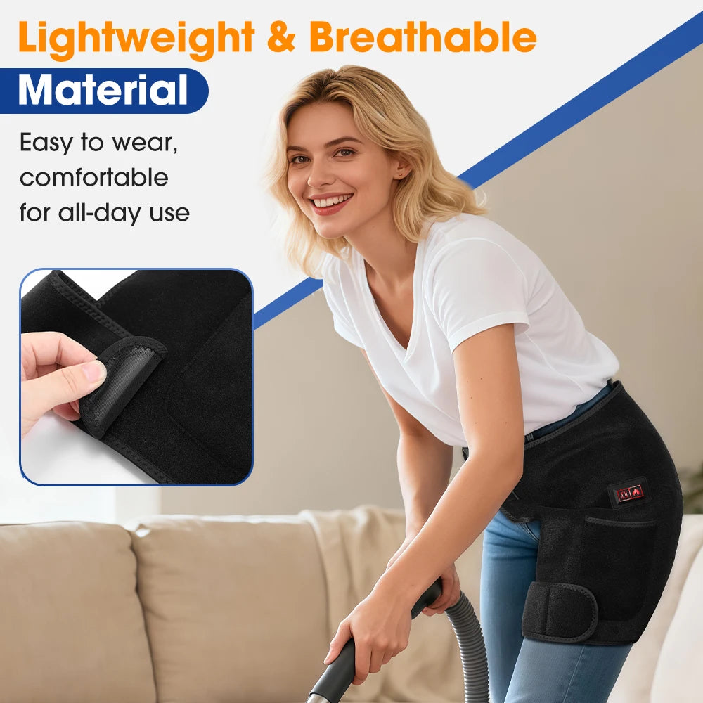 A woman demonstrates an infrared heat and vibration hip massager belt, showing the device's design and use.
