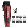 A red professional electric hair clipper with various attachments and power cords.