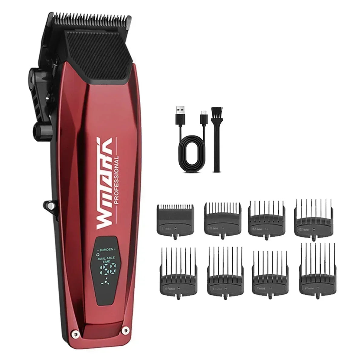 A red professional electric hair clipper with various attachments and power cords.