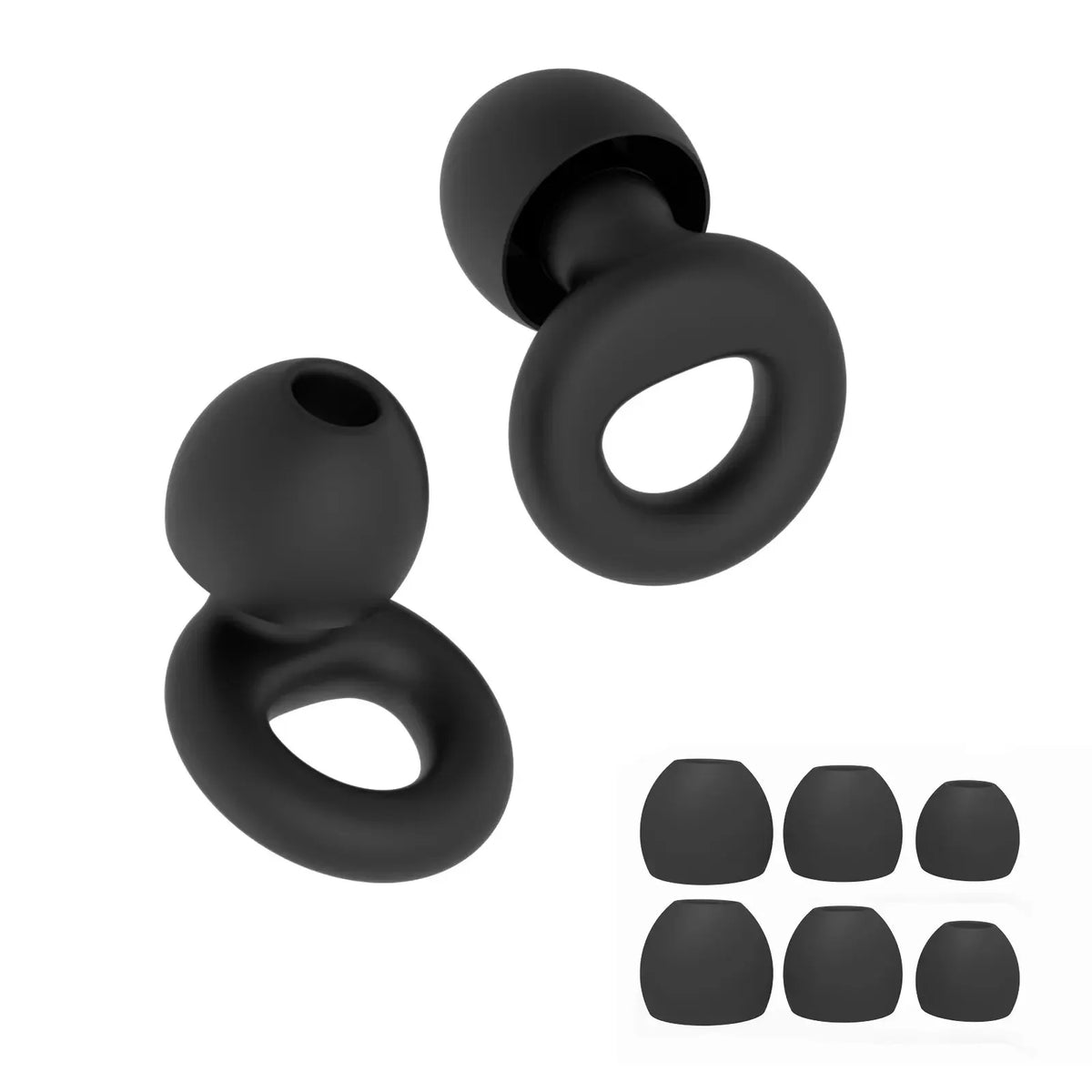 A set of black silicone ear plugs for noise reduction, shown in various forms.