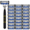 A set of stainless steel multi-blade safety razor cartridges in blue and silver.