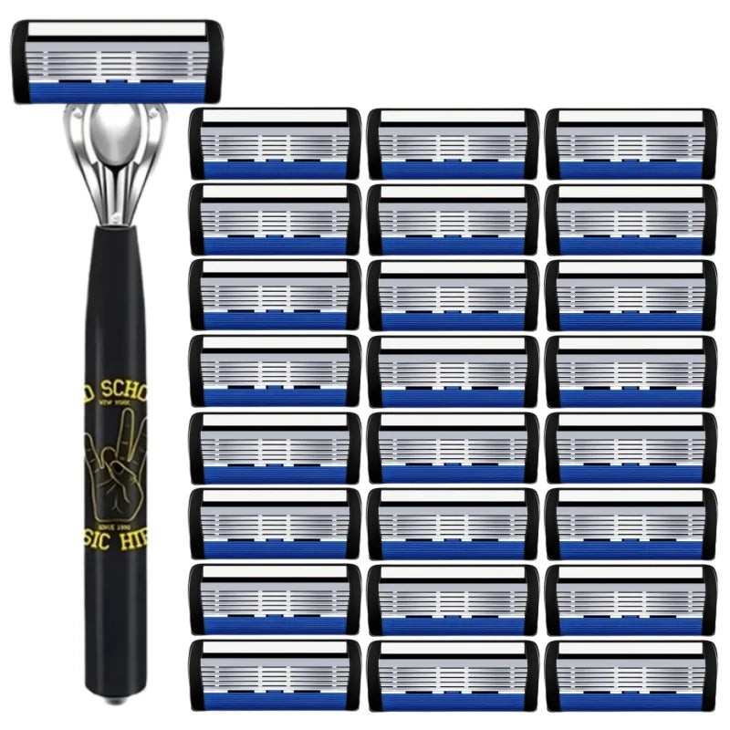 A set of stainless steel multi-blade safety razor cartridges in blue and silver.