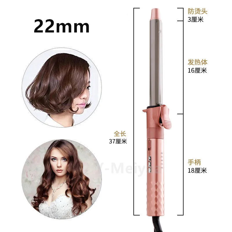 A professional ceramic hair curling iron with various barrel sizes shown in different angles.