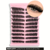 A pink plastic tray holding various clusters of black faux mink individual lash extensions.