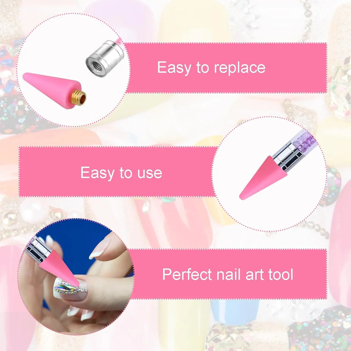 Kit d'art de ongles rose à deux extrémités, facile à utiliser et remplacer, en gros plan avec une main.