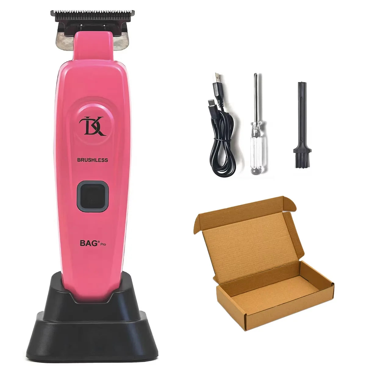 A pink brushless rotary hair trimmer kit with attachments and a cardboard box.