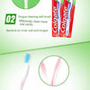 Image showing Colgate soft brush packaging and a pink toothbrush, highlighting tongue cleaning and non-slip handle features.